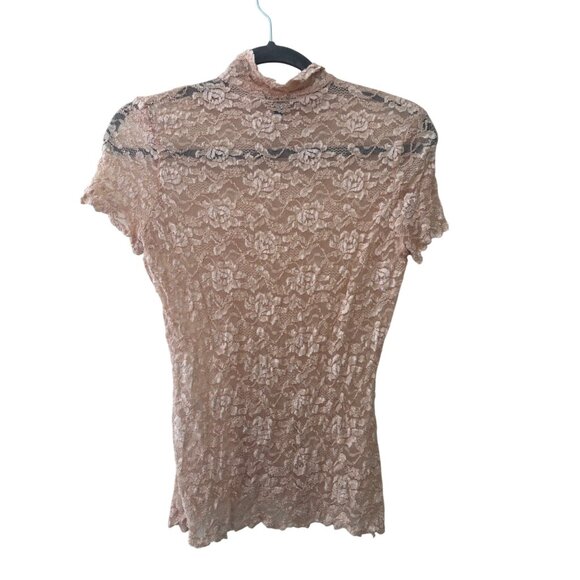 Reba Womens Tan Lace High Neck Short Sleeve Top L Rare - Picture 3 of 12